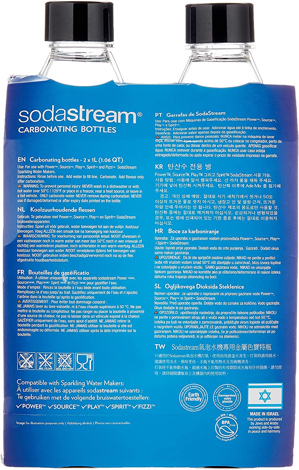 Botella carbonatada Sodastream de 1 litro, apta para lavavajillas (paquete de 2) | Color negro